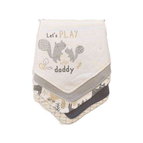 Set de baberos bandana para bebé, estampado de ardillas y mensaje 'con papá', tonos tierra.