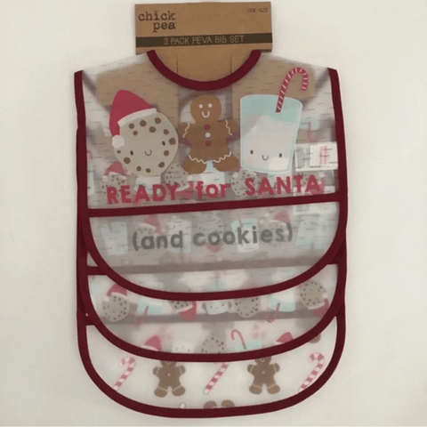 Set de 3 baberos PEVA Chick Pea de Navidad con galleta, jengibre y leche. Perfectos para bebés.