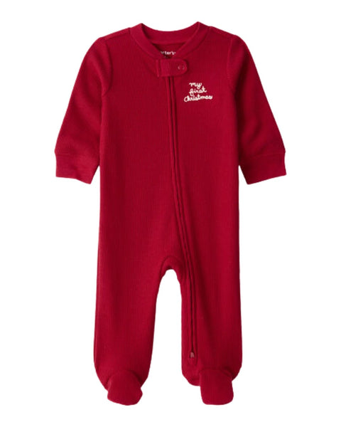 Pijama enteriza de bebé Carter's roja, con bordado "My First Christmas" y cierre frontal.