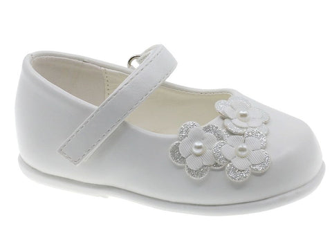 Bailarina Beppi blanca para niña con velcro, flores decorativas con brillo y perlas. Suela de goma.