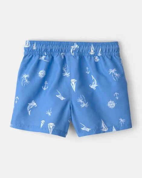 Bañador Carters de niño celeste con estampado marino y pañal incorporado. Vista trasera.