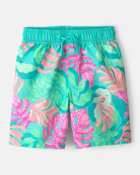 Bañador Carters niño con pañal incorporado, estampado hojas tropicales multicolor, vista frontal.