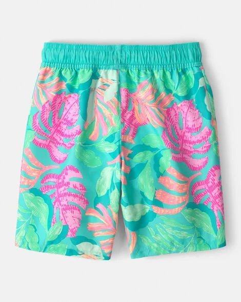 Parte trasera del bañador Carters para niño con pañal incorporado, estampado tropical vibrante.