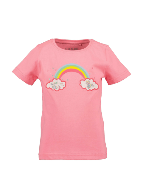Blusa rosada Blue Seven de manga corta para niña con alegre diseño de arcoíris y nubes