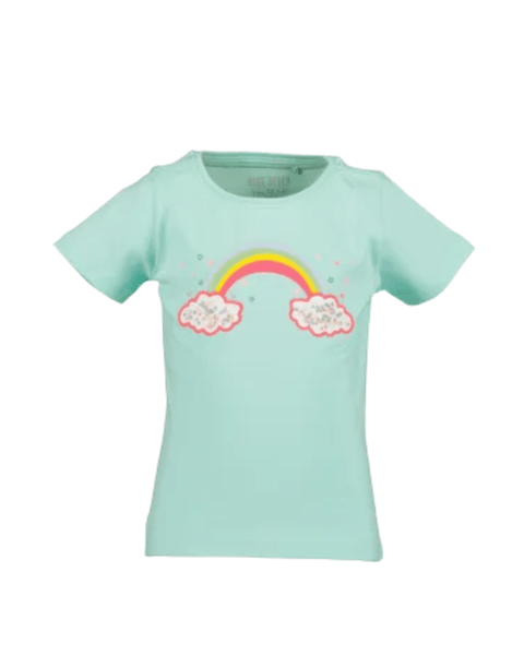 Blusa manga corta Blue Seven niña, color menta, diseño arcoíris y nubes, cómoda y fresca.