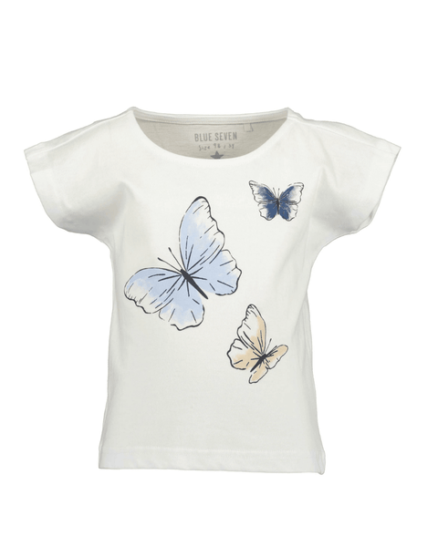 Blusa Blue Seven manga corta blanca para niña con estampado de mariposas azules y beige.