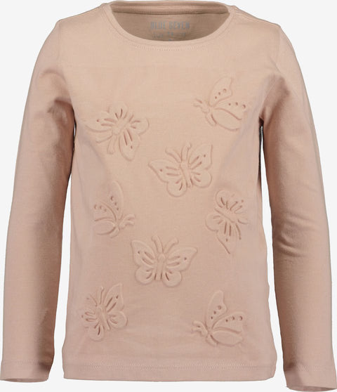 Blusa Blue Seven manga larga beige con mariposas en relieve para niña, ideal para comodidad y estilo.