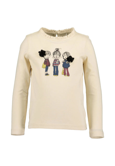 Blusa Blue Seven manga larga beige para niña con diseño bordado de tres niñas y cuello con volantes.