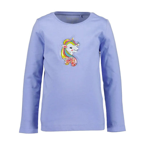 Blusa lila Blue Seven manga larga para niña, diseño de unicornio con melena arcoíris y lentejuelas.
