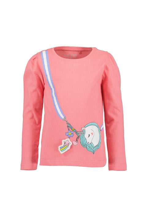 Blusa Blue Seven manga larga rosa con unicornio, arcoíris y flores para niña. Mangas abombadas.