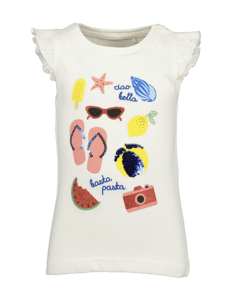 Blusa blanca Blue Seven para niña con vuelitos y estampados veraniegos de playa con lentejuelas