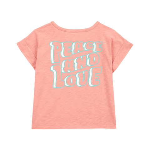 Blusa Carters coral para niña con manga corta y estampado "Paz y Amor" en blanco y celeste.