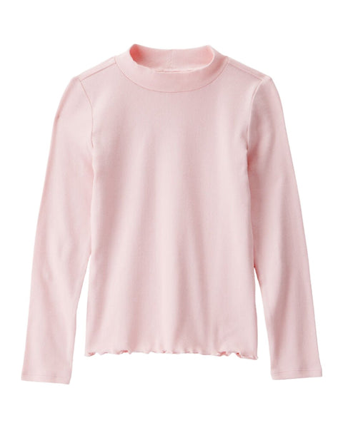 Blusa Carters manga larga rosa pastel para niña con cuello alto y dobladillo ondulado, ideal para vestir cómoda.
