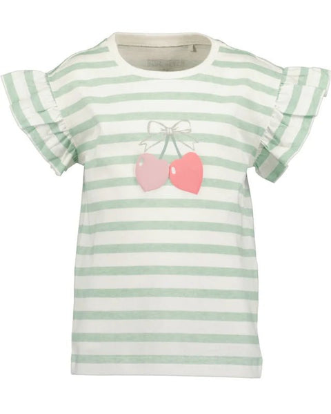Blusa de niña Blue Seven de rayas verdes y blancas con diseño de cerezas rosadas y olanes en las