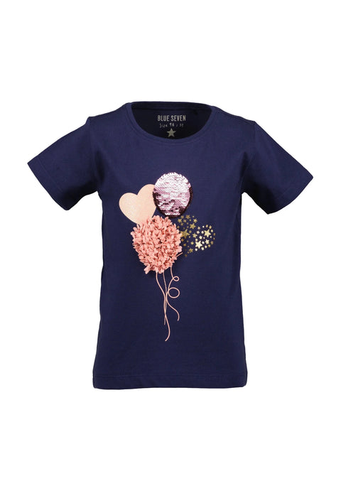 Blusa de niña Blue Seven azul marino de manga corta con globos rosas, corazón y destellos dorados.