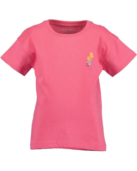 Blusa niña Blue Seven Flowers rosa, algodón orgánico, detalle floral amarillo al frente.