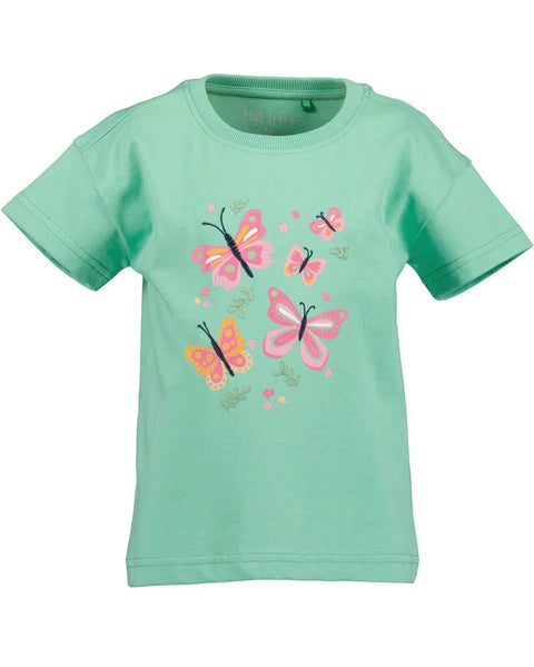 Playera de niña Blue Seven en algodón orgánico verde menta con estampado de mariposas rosadas