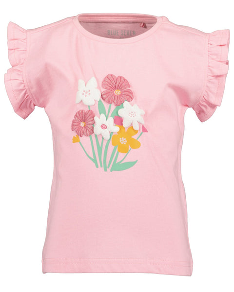 Blusa Blue Seven rosa para niña con flores 3D coloridas y mangas de olanes.