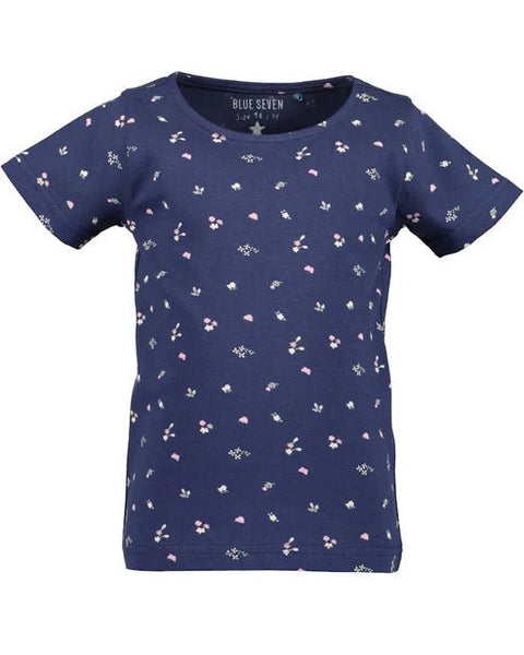 Blusa manga corta Blue Seven para niña, azul marino con estampado floral en tonos rosa y blanco
