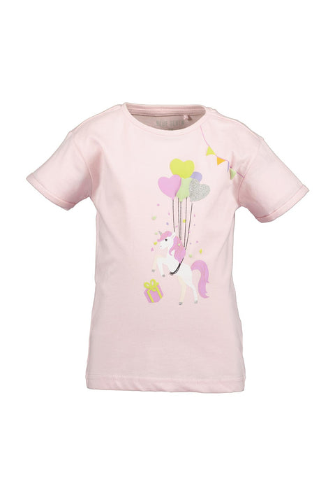 Blusa rosada Blue Seven para niña con unicornio, globos de corazón y regalo.