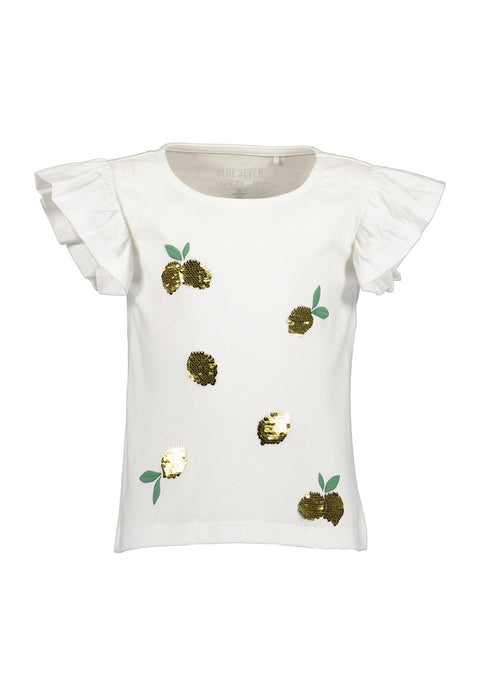 Blusa blanca de jersey para niña con mangas de volantes y frutas de lentejuelas doradas, vista