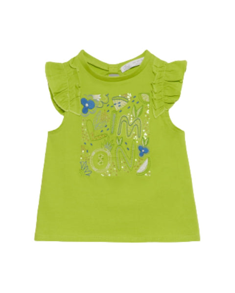 Blusa Street Monkey verde limón para niña con diseño "Limon" y mangas de vuelo, vista frontal.