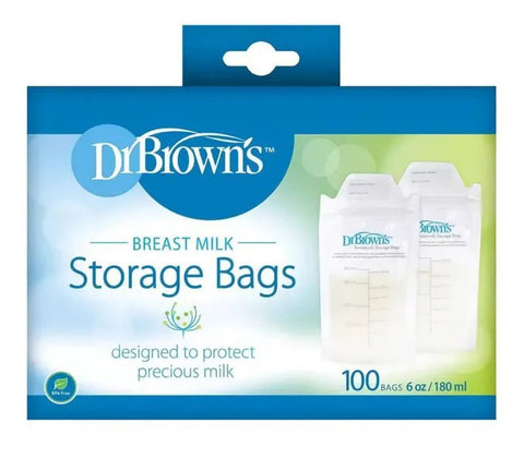 Caja de 100 bolsas Dr. Brown's para almacenar leche materna de 6 oz/180 ml. Empaque azul y blanco.
