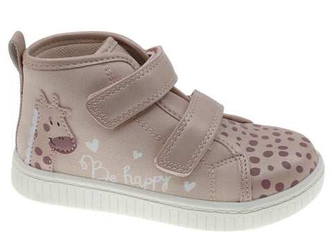 Bota Beppi rosa de niña con jirafa, 'Be happy', velcro y puntera de lunares.