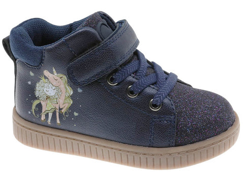 Bota infantil Beppi de piel sintética azul marino con unicornio lateral, cierre de velcro y elástico.