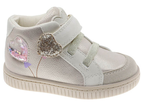 Bota Beppi niña gris clara con adorno de corazones brillantes, cierre velcro y suela antideslizante.