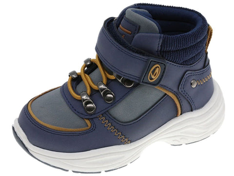 Botas Beppi casuales para niño en color azul con detalles grises y mostaza, cierre de velcro.