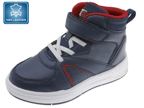 Bota Beppi de cuero azul para niño con velcro, cordones blancos y detalles rojos. Estilo urbano.