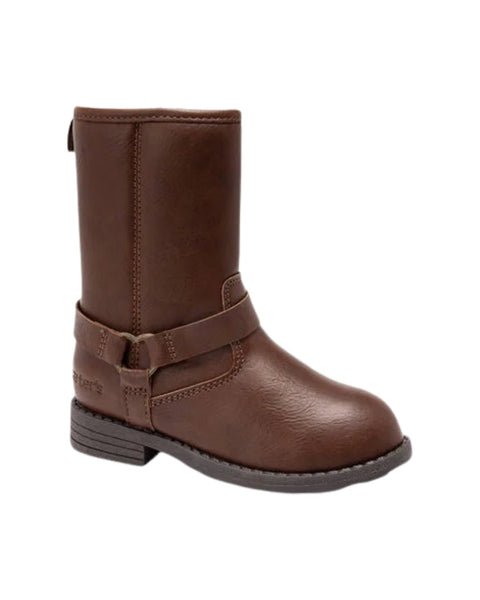 Bota Carters café tipo alta para niña, con correa decorativa y cierre. Calzado infantil cómodo.