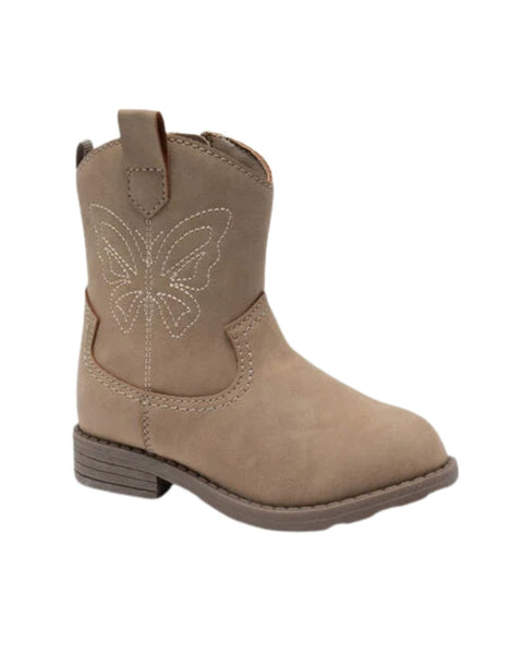 Bota Carters vaquera color kaki para niña con bordado de mariposa, ideal para la aventura.