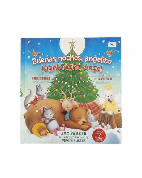 Portada libro Buenas Noches Angelito de Aldisa con animales durmiendo, árbol de Navidad y un ángel