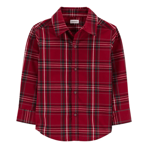 Camisa Carters a cuadros roja manga larga para niño. Patrón de cuadros rojo, blanco y verde oscuro.