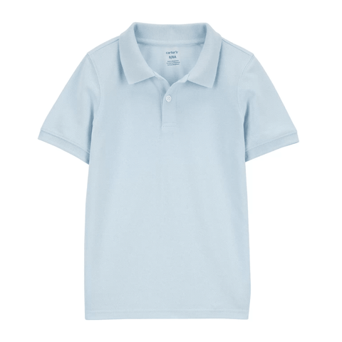 Camisa polo celeste Carter's para niño, textura piqué suave, ideal para escuela o uso diario.