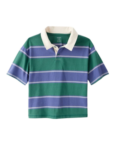 Camisa polo Carters de niño a rayas verdes, azules y blancas con cuello crema. Perfecta para el día a día.