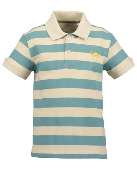 Camisa polo Blue Seven de niño a rayas azul celeste y crema, con cuello y bordado de dinosaurio