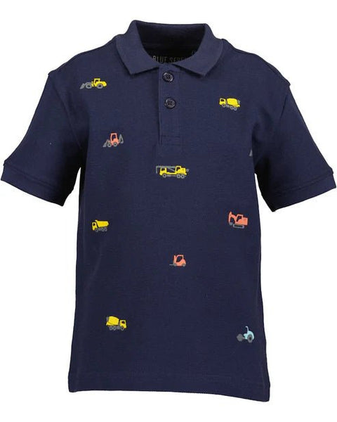 Polo Blue Seven de piqué azul marino para niño con bordados coloridos de vehículos de construcción