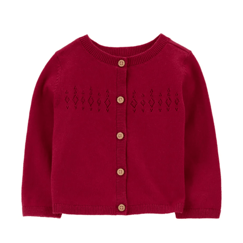 Cardigan Carters rojo abotonado para niña con diseño calado, ideal para bebés.