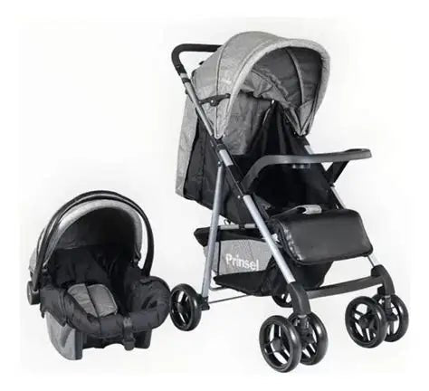 Carriola sistema de viaje Prinsel Portofino gris y negro con portabebé para bebé.
