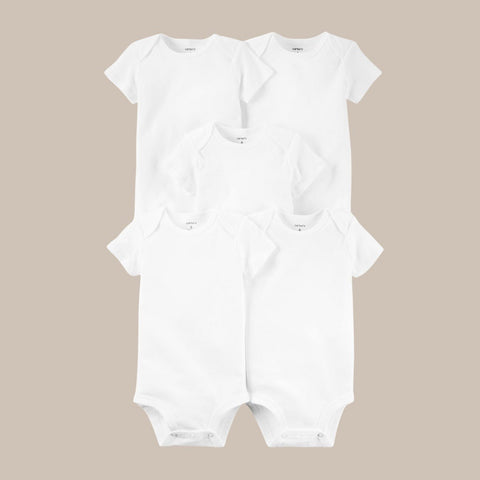 Paquete de 5 bodys Carters blancos manga corta para bebé, algodón suave.
