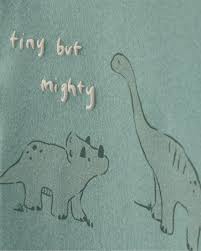 Detalle de camiseta Carter's verde con estampado de dinosaurios y frase 'tiny but mighty'.