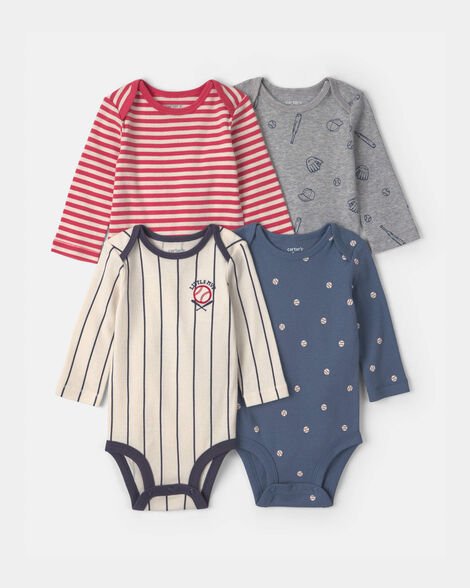 Set de 4 bodies Carter's para bebé niño, incluye diseños de béisbol y rayas rojas y blancas, ideal