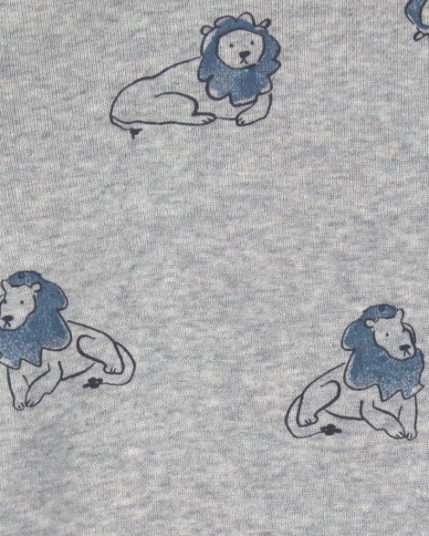 Primer plano de bodysuit Carter's gris con patrón repetitivo de leones azules, perfecto para la