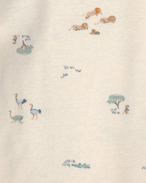 Primer plano de bodysuit blanco Carter's con divertidos estampados de animales de safari como