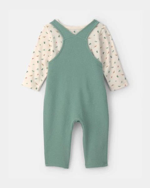 Vista trasera del conjunto Carter's de peto verde menta y camiseta de manga larga con estampado de
