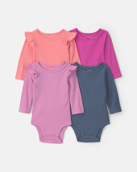 Set de 4 bodys Carter's de manga larga para niña en tonos rosa, fucsia y azul. Un body rosa con