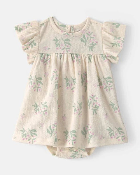 Vestido floral Carter's con mangas de volante, hojas verdes y flores rosadas.
